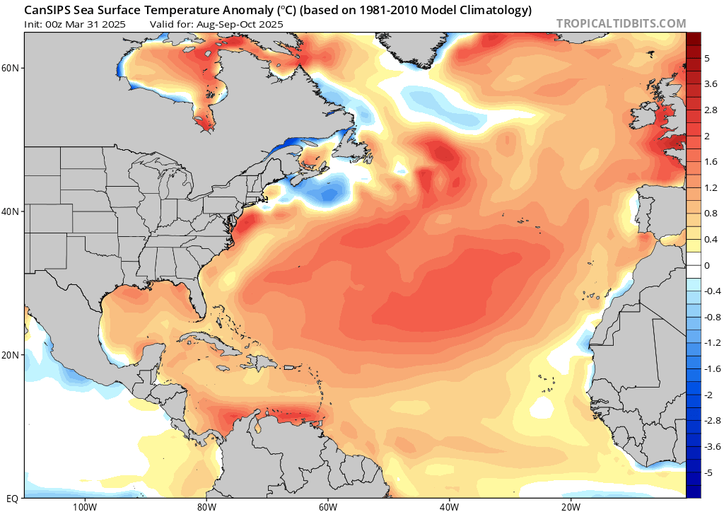  Forecasted SST anomalies in the Atlantic for August-October 2025, according to the CanSIPS model