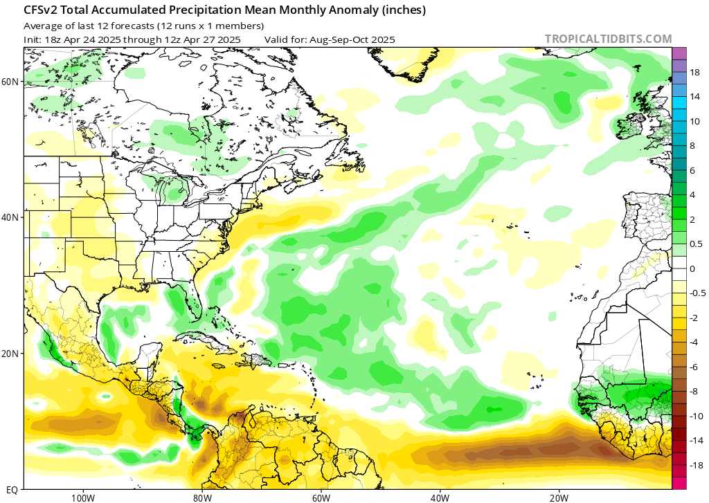  Forecasted precipitation anomalies for August-October 2025, according to the CFSv2 model