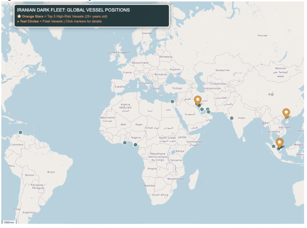 Global map showing Iranian dark fleet vessel positions 